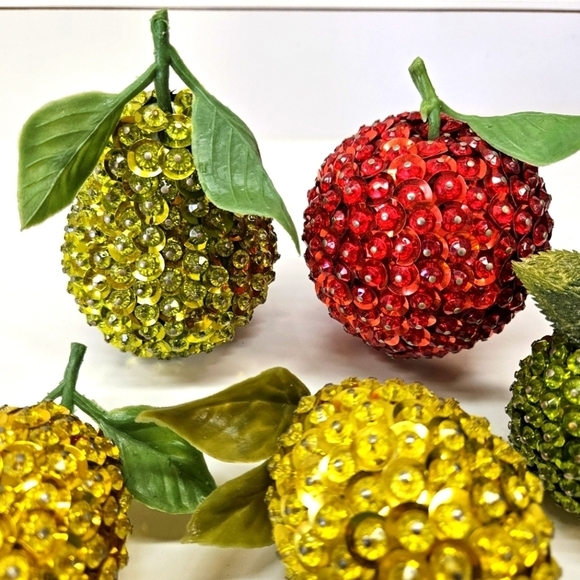 VINTAGE MCM Beaded Sequin Push Pin Fruit Set Apple Lemon Pear - Picture 3 of 8
